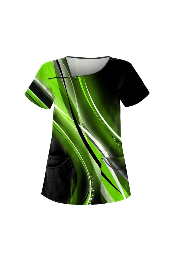 Scrub Top for Woman Short Sleeve Casual Gradient Color Womens Blouses Plus Size Light Asymmetrical Neckline Stretch with Pockets Fluorescent Green Size XL