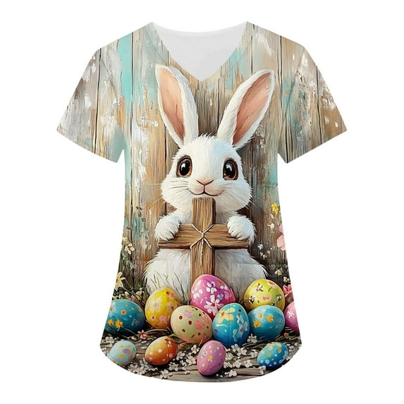 Scrub Top Women Black,Easter Scrub Tops Women Bunny Egg Hunt Print Scrubs Short Sleeve Holiday Working Uniform with Pockets,Dark Gray,XXXXXL