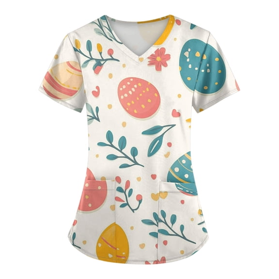 Scrub Top Women Black，Scrub Tops Womens Cute Easter Printed Nurse Uniforms 2026 Short Sleeve Scrub V Neck Shirt with Pockets，Pink，XXXXL