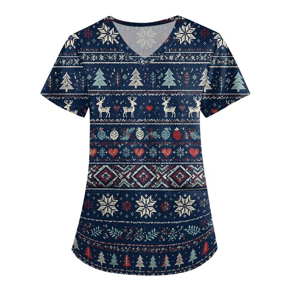 Scrub Top Women Christmas Casual Christmas Deer Snowflake Graphic Short Sleeve Scrubs Plus Size V-Neck Holiday Nurse Work Uniform with Pockets Navy,L