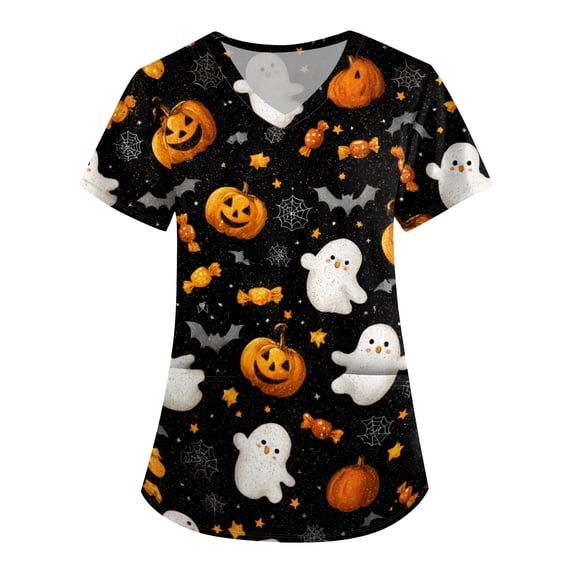 Scrub Top Women Halloween Print V Neck Short Sleeve Casual Work Top