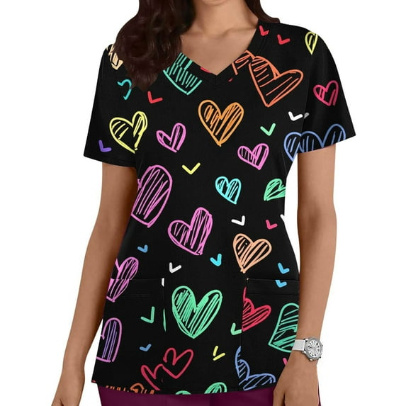 Scrub Top for Women V Neck Short Sleeve Breathable Fabric Functional Pockets Red Heart And Polka Dot Pattern Nursing Uniform Working Top