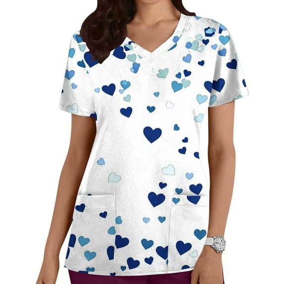 Scrub Top for Women V Neck Short Sleeve Breathable Fabric Functional Pockets Red Heart And Polka Dot Pattern Nursing Uniform Working Top