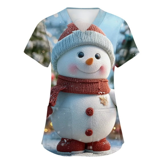 Scrub Tops Christmas Nurse Women Holiday Print Neck Shirt with Pockets Christmas T-shirt Blue 2XL