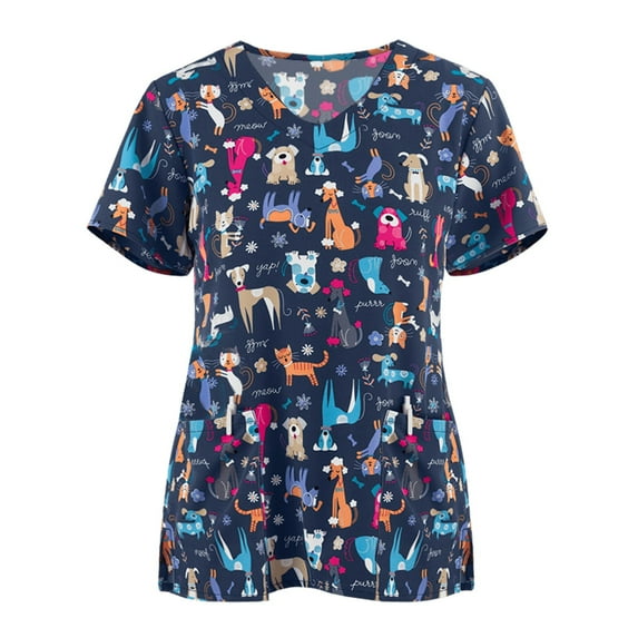 Scrub Tops Clearance 2023! hoksml Women Scrubs Top Women's V Neck Printed Working Uniform Nursing Tops with Pockets