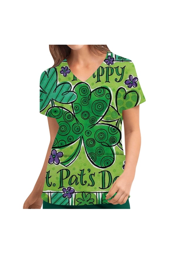 Scrub Tops Clearance 2024! AIEOTT Saint Patrick's Day Women Scrubs Top Women's V Neck Printed Working Uniform Nursing Tops with Pocket