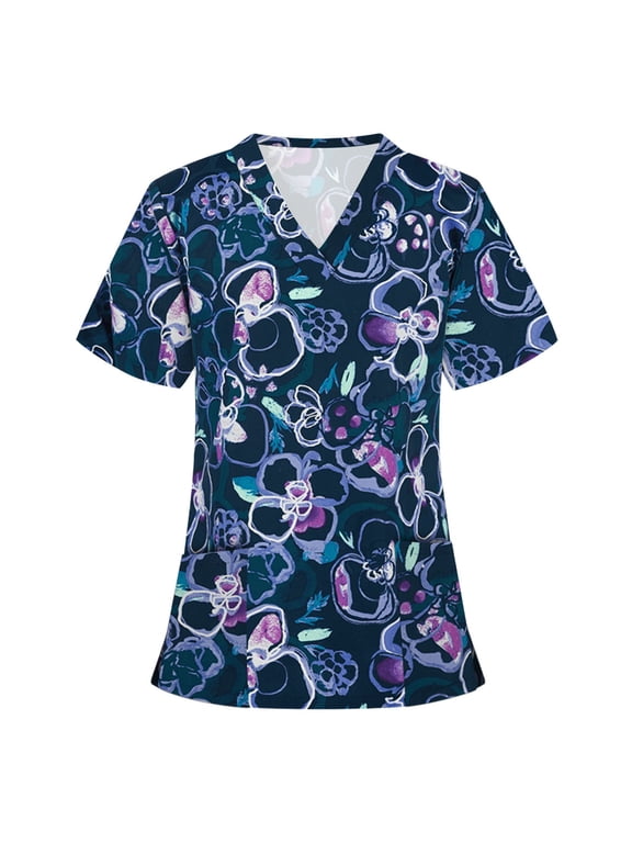 Scrub Tops Clearance 2024! AIEOTT Women Scrubs Top V Neck Printed Working Uniform Nursing Short Sleeve Blouse Pullovers Top With Pockets