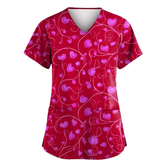 Scrub Tops For Women Clearance,Plus Size Women's V-Neck Short-Sleeve Workwear with Pockets Valentine's Day Printed Scrub Top - Hot Pink - XXXXL