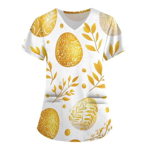 Scrub Tops For Women Clearance,Scrub Tops Womens Cute Easter Printed Nurse Uniforms 2026 Short Sleeve Scrub V Neck Shirt with Pockets,Yellow,XL