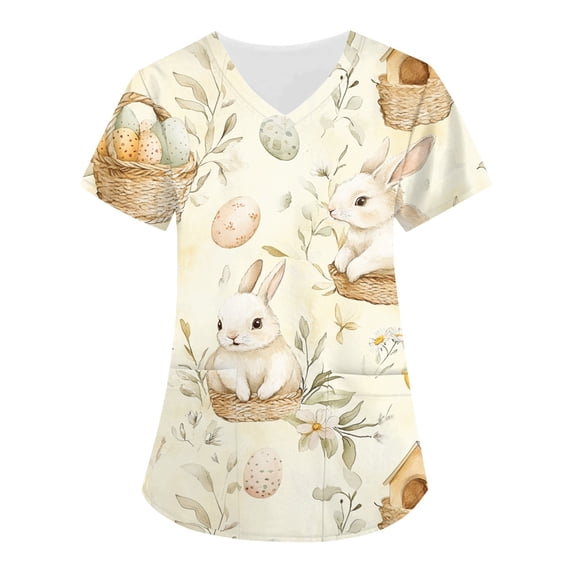 Scrub Tops For Women,Easter Scrub Tops Women Bunny Egg Hunt Print Scrubs Short Sleeve Holiday Working Uniform with Pockets,Khaki,S