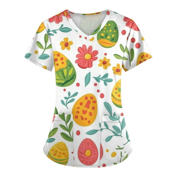 Scrub Tops For Women,Scrub Tops Womens Cute Easter Printed Nurse Uniforms 2026 Short Sleeve Scrub V Neck Shirt with Pockets,Green,XL