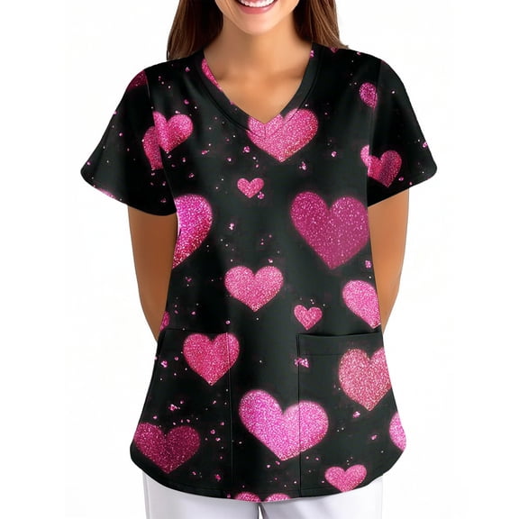 Scrub Tops For Women,Women's Valentine's Day Printed Loose-Fit V-Neck Pocket Short-Sleeve Nursing Scrubs Top - Watermelon Red - L