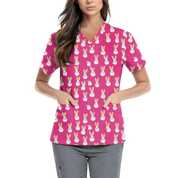 Scrub Tops With Pockets,Easter Scrub Tops Women Bunny Egg Hunt Print Short Sleeve V Neck Stretchy Holiday Nurse Working Uniform Scrubs Sets,Hot Pink,L