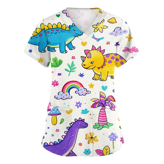 Scrub Tops Woman Short Sleeve Plus Size Stretch V-Neck Animal Printed Scrubs Top Medical Nursing Uniforms with Pockets - Purple - L