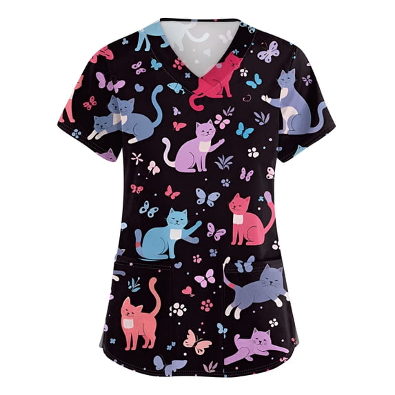 Scrub Tops Woman Short Sleeve Plus Size Stretch V-Neck Animal Printed Scrubs Top Medical Nursing Uniforms with Pockets - Red - 3XL