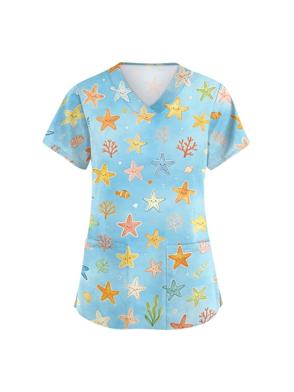 Scrub Tops Women Animal Print Plus Size Scrubs for Women,Stretchy Pediatric Nursing Uniforms Shirts with Pockets - Blue - S