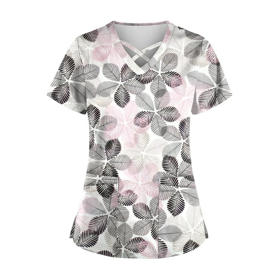 Nurse Uniforms for Women 2024 Breathable Printed V-Neck Plus Size T-Shirts Short Sleeve Professionals Soft Stretch Scrub Tops with Pockets light pink 5X-Large