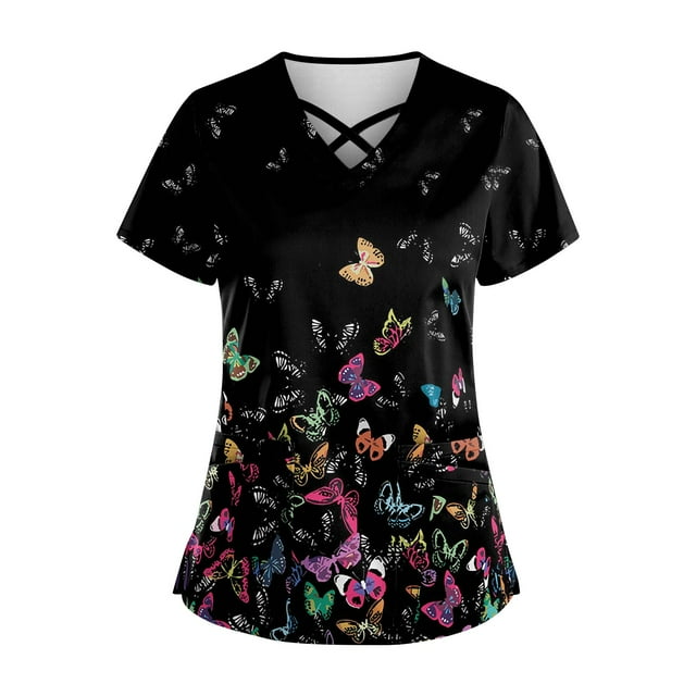 Scrub Tops Women Breathable Printed V Neck Plus Size Workwear Shirt Short Sleeve Professionals Soft Stretch Scrub Tops with Pockets black XX-Large