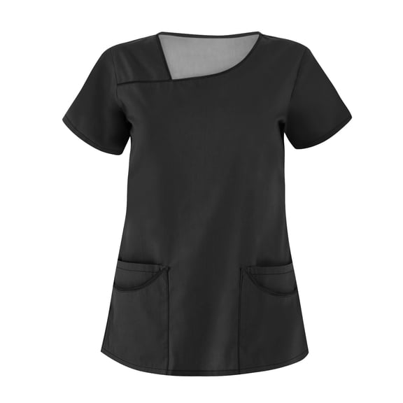 Scrub Tops Women Casual Light Womens Blouses Plus Size Asymmetrical Neckline Stretchy Short Sleeve Solid Color with Pockets Black Size 3XL