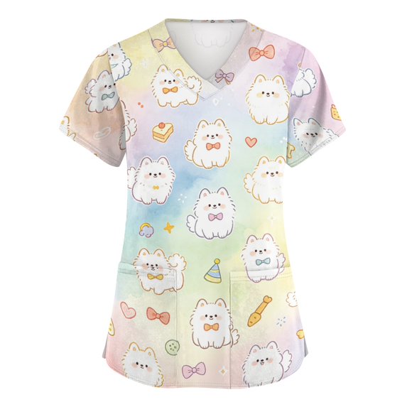 Scrub Tops Women Casual Scrub Tops Soft Animals Printed V Neck Short Sleeve Shirts