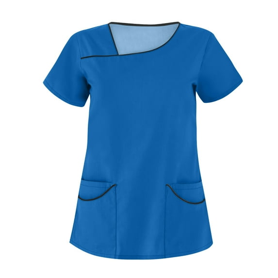 Scrub Tops Women Casual Womens Scrubs Fashion Short Sleeve Slant Neck Solid color Loose Fit with Pockets Pullover Shirts Tops 2024 with Pockets Scrub Tops Women(Blue,L)