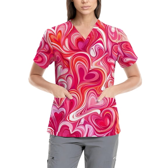Scrub Tops Women Design,Women's Fashion V-Neck Nursing Top Valentine's Day Print Short-Sleeve Nursing Scrub Top with Pockets - Pink - XXXXXL