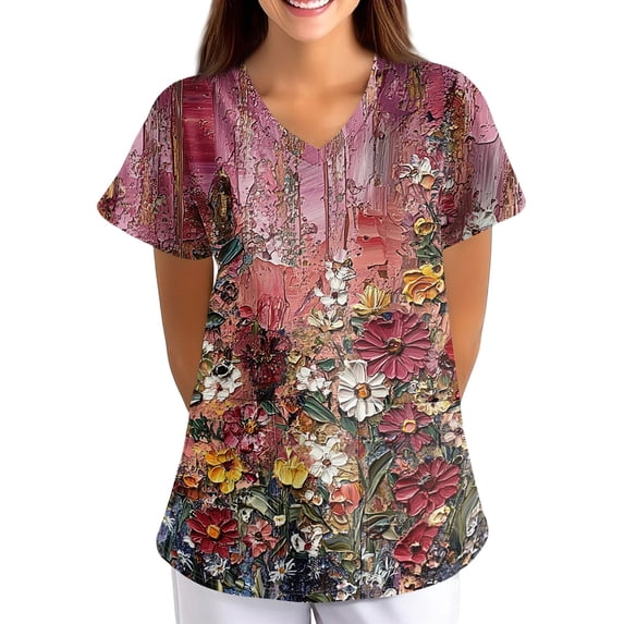 Scrub Tops Women Floral Pattern Scrub Tops Simple V Neck Short Sleeve Nurse Uniforms