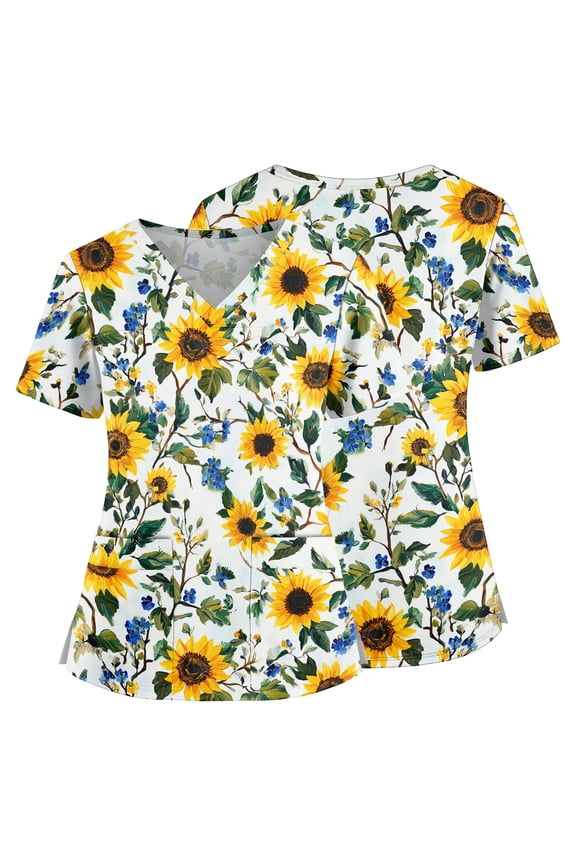 Scrub Tops Women Floral Pattern Short Sleeve V Neck Breathable Scrubs With Pockets