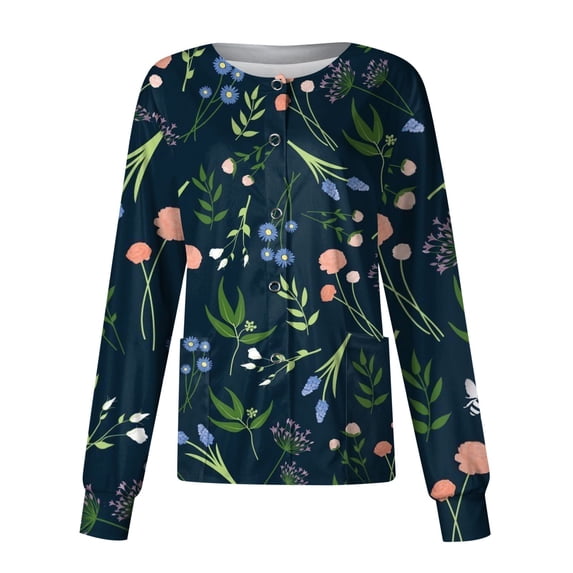 Scrub Tops Women Floral Print 2 Pockets Snap Button Scrub Jacket Long Sleeve Cozy Trendy Nurse Uniform Dark Green L