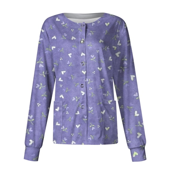 Scrub Tops Women Floral Print 2 Pockets Snap Button Scrub Jacket Long Sleeve Cozy Trendy Nurse Uniform Dark Purple 2XL