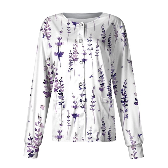 Scrub Tops Women Floral Print 2 Pockets Snap Button Scrub Jacket Long Sleeve Cozy Trendy Nurse Uniform Light Purple XL