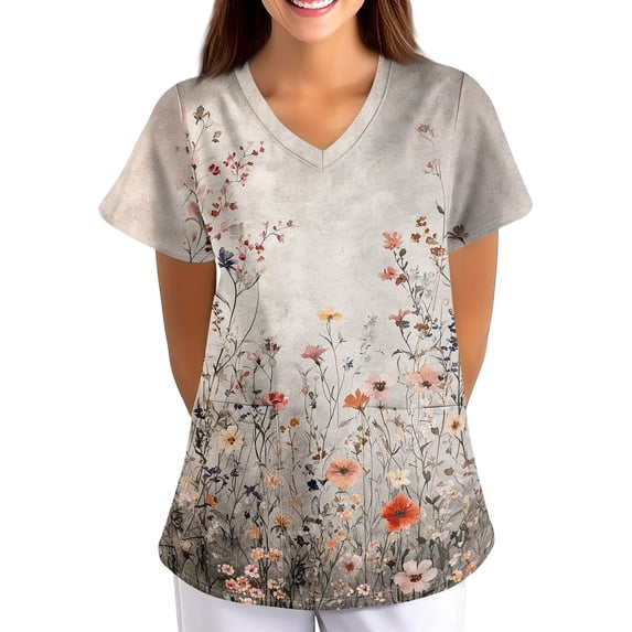 Scrub Tops Women Floral Print Tops V Neck Short Sleeve Healthcare Tops