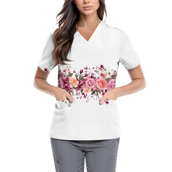Scrub Tops Women Floral Scrub Tops Stretch Plus Size Nursing Shirts Soft Print Nurse Working Uniform