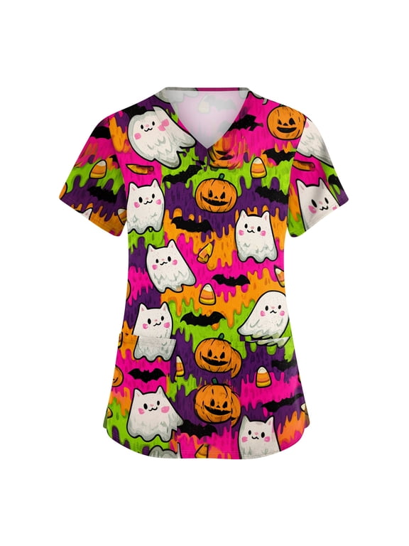 Scrub Tops for Women Halloween Short Sleeve Funny Halloween Ghost Pumpkin Printed Horror Scrubs Spooky V Neck Scrub Shirts Medical Nurse Workwear Nursing Uniform with Pockets,L