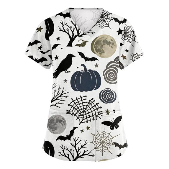Scrub Tops for Women Halloween V Neck Spooky Halloween Ghost Pumpkin Printed Funny Scrubs Horror Short Sleeve Scrub Shirts Medical Nurse Uniform Nursing Workwear with Pockets,S