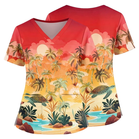 Scrub Tops Women Hawaiian Tropic V Neck Short Sleeve Plus Size Scrub Shirts Nurse Scrubs Stretchy Summer Holiday Loose Fit Side Slits Uniform Workwear With Pockets Yellow 4XL