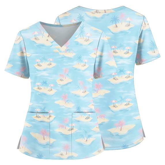 Scrub Tops Women Hawaiian Tropic V Neck Short Sleeve Plus Size Scrubs Tops Nurse Scrubs Stretch Fitted Summer Holiday Trendy Side Slits Uniform Shirts With Pockets Light Blue 4XL