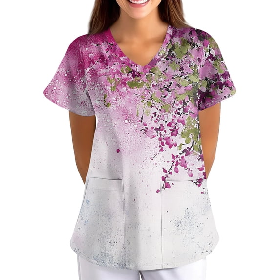 Scrub Tops Women Healthcare Worker Scrub Tops V Neck Short Sleeve Floral Print Shirts