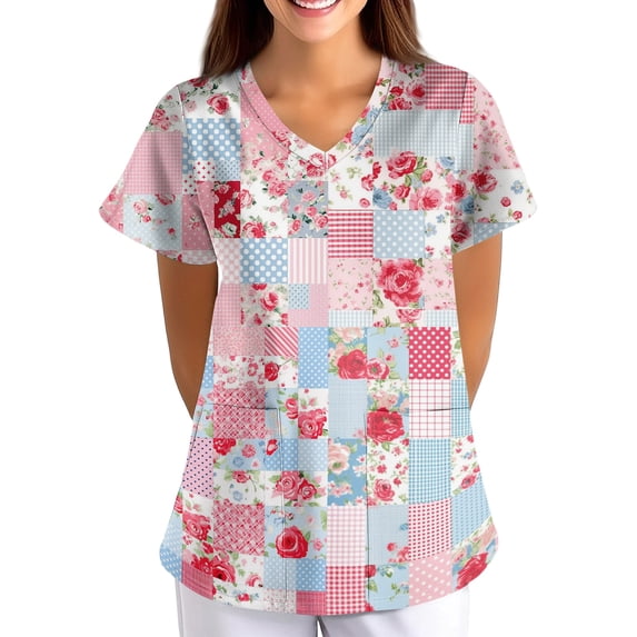 Scrub Tops Women Healthcare Worker Scrub Tops V Neck Short Sleeve Floral Print Shirts