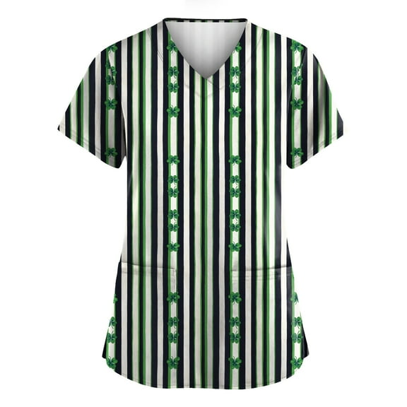 Scrub Tops Women Print Irish Shamrock Printed V Neck Breathable T-Shirts Short Sleeve Professionals Soft Stretch St. Patrick's Day Scrub Tops with Pockets white 4X-Large