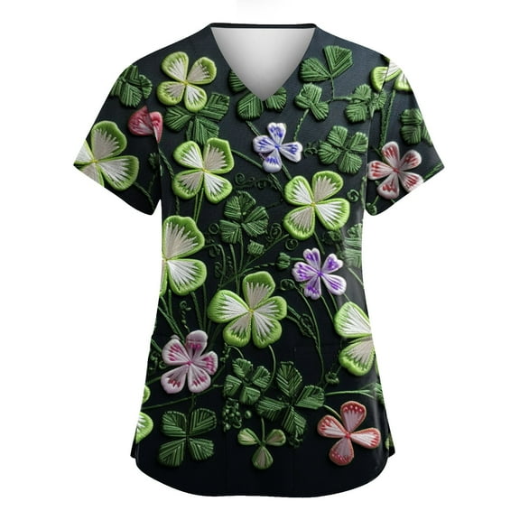 Scrub Tops Women Irish Shamrock Printed V Neck Breathable T-Shirts Short Sleeve Professionals Soft Stretch St. Patrick's Day Scrub Tops with Pockets dark green 5X-Large