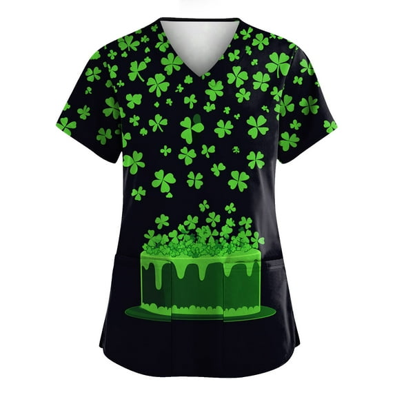 Under Scrub Tops for Women Irish Shamrock Printed V Neck Breathable T-Shirts Short Sleeve Professionals Soft Stretch St. Patrick's Day Scrub Tops with Pockets green 5X-Large