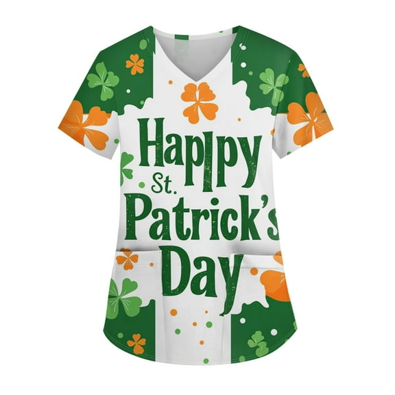 Scrub Tops Women Print Irish Shamrock Printed V Neck Breathable T-Shirts Short Sleeve Professionals Soft Stretch St. Patrick's Day Scrub Tops with Pockets (Mint green)
