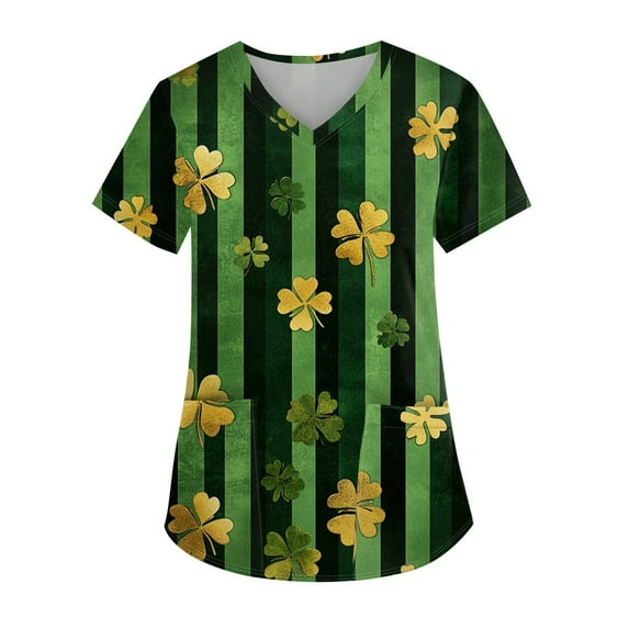 Scrub Tops Women Irish Shamrock Printed V Neck Breathable T-Shirts Short Sleeve Professionals Soft Stretch St. Patrick's Day Workwear Shirt with Pockets dark green 5X-Large