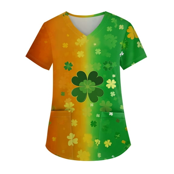 Scrub Tops Women Irish Shamrock Printed V Neck Breathable Workwear Shirt Short Sleeve Professionals Soft Stretch St. Patrick's Day Scrub Tops with Pockets (Orange)