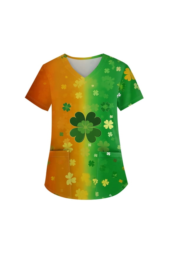 Scrub Tops Women Irish Shamrock Printed V Neck Breathable Workwear Shirt Short Sleeve Professionals Soft Stretch St. Patrick's Day Scrub Tops with Pockets (Orange)
