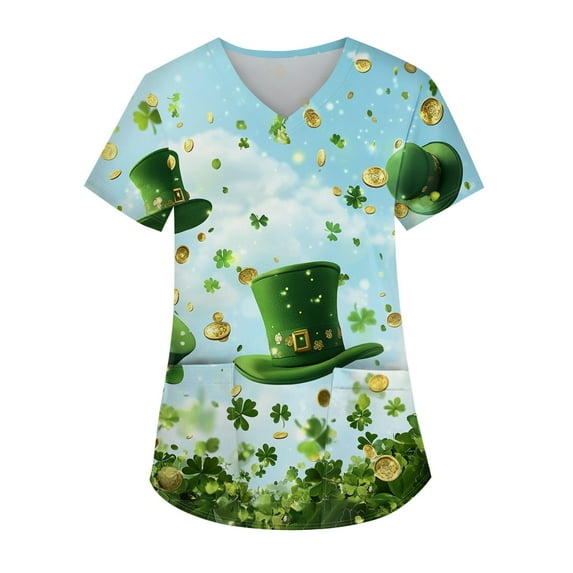Under Scrub Tops for Women Irish Shamrock Printed V-Neck Breathable Workwear Shirt Short Sleeve Professionals Soft Stretch St. Patrick's Day T-Shirts with Pockets (Light blue)