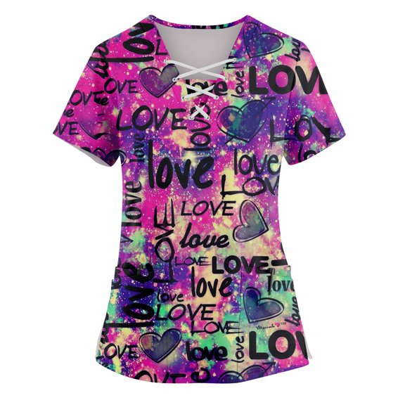 Scrub Tops Women Love Heart Printed V Neck Breathable Scrub Tops Short Sleeve Professionals Soft Stretch Valentine's Day T-Shirts with Pockets hot pink 5X-Large