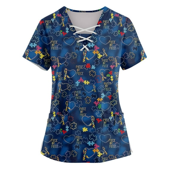 Under Scrub Tops for Women Love Heart Printed V Neck Breathable Scrub Tops Short Sleeve Professionals Soft Stretch Valentine's Day T-Shirts with Pockets navy XX-Large