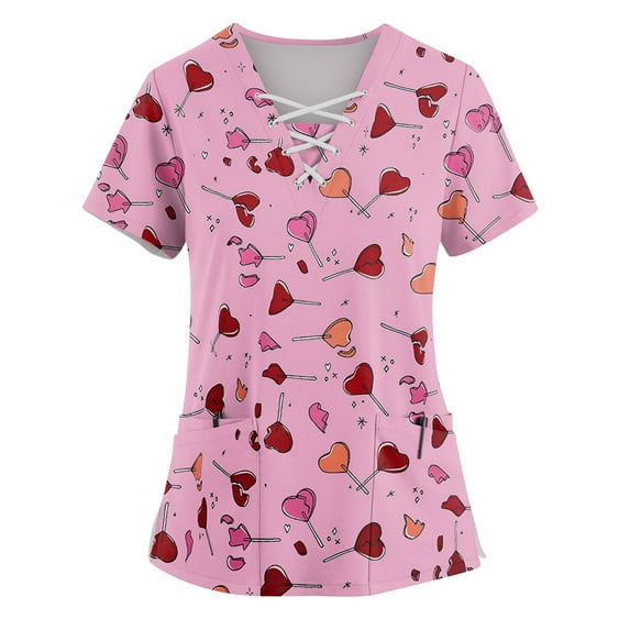 Scrub Tops Women Love Heart Printed V-Neck Breathable T-Shirts Short Sleeve Professionals Soft Stretch Valentine's Day Scrub Tops with Pockets light pink Small